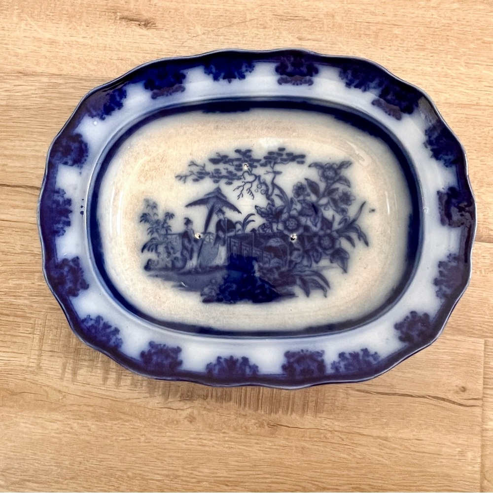 ANTIQUE‎ 1846s PRIMITIVE AMOY DAVENPORT LG. AMERICAN FLOW BLUE PLATTER BOWL 12”